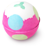 Luxury Lush Pud Bath Bomb pink bath bomb with blue and green dots and a holly leaf shape on top