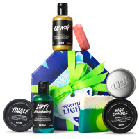 Northern Lights Gift dark blue polar bear themed gift box with products around it
