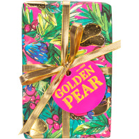 Golden Pear Gift Green, pink, gold and blue patterned present with gold Ribbons on a white background