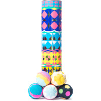 Kaleidoscope Gift Yellow tube gift with kaleidoscope patterns with bath bombs stacked on outside of gift