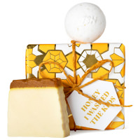 Honey I Washed The Kids Gift white and golden honey themed gift box with products around it