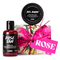 Rose Gift white and pink rose themed gift with products around it
