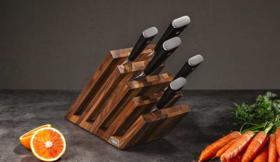 Set of knives in a wooden knife block