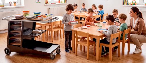 Kinder die zusammen mit ihrer Betreuerin einen Tischdecken für das Mittagsessen in einem Kindergarten