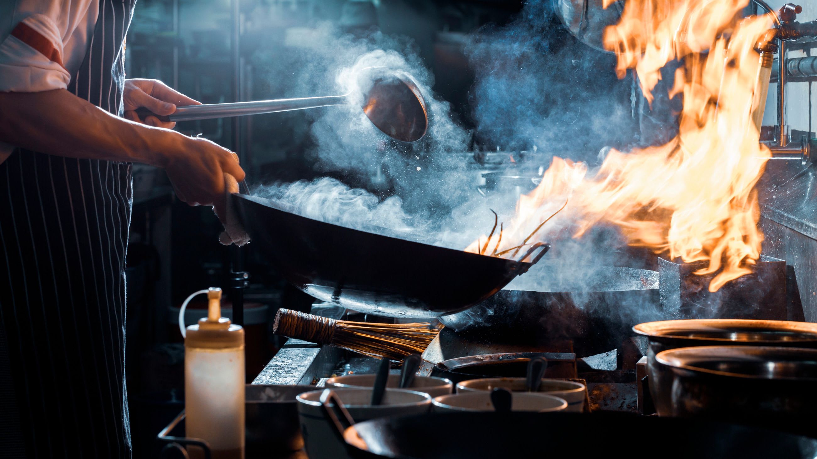 Wok de cocina, mango largo sin transferencia de calor, y sartenes