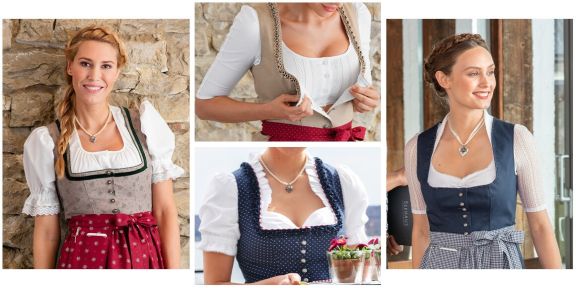 Eine Collage aus vier Bildern auf denen verschiedenen Dirndlblusen abgebildet sind