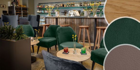 Hotellobby met fluwelen loungemeubelen en close-ups van verschillende materialen