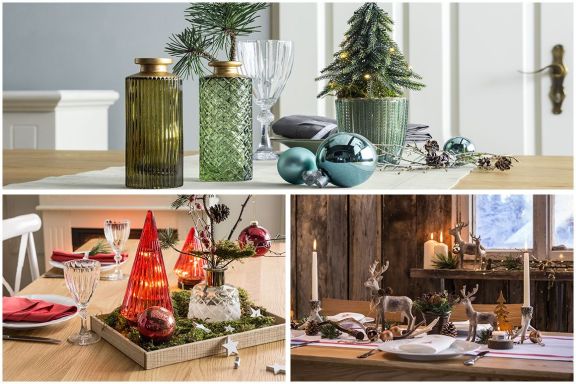 Drei verschiedene, weihnachtlich dekorierte Tische