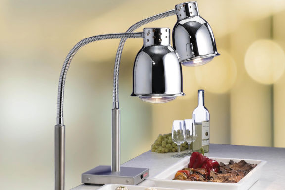 Lampes chauffantes de qualité SCHOLL en acier inoxydable, placées au-dessus des assiettes