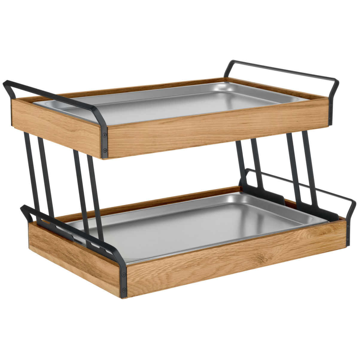Vega Koeldisplay Esino plat roestvrij staal 2x 1/1 tweedelig; Maat GN 1/1, 61.9x38.6x36.9 cm (LxBxH); eiken/zwart/roestvrij staal; rechthoekig
