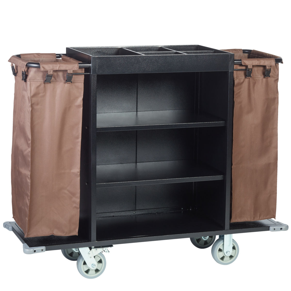 Carrello pulizie hotel Housekeeping Service PULSIVA; 142x46x112 cm (LxLxH); nero/marrone