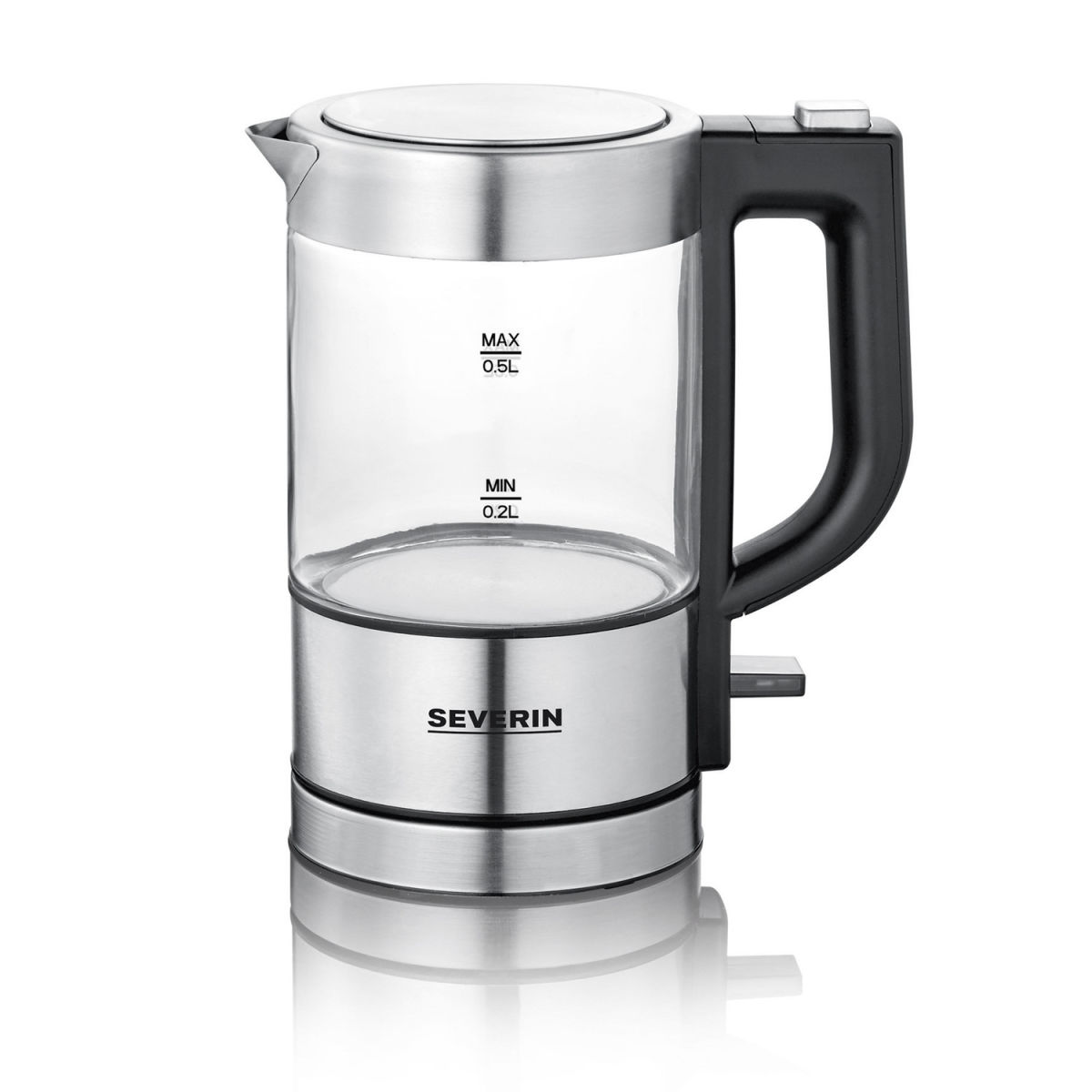 Mini bollitore in vetro WK 3472 Severin; 500ml, 17.5x19.3x10.5 cm (LxHxP); nero/trasparente/acciaio inox