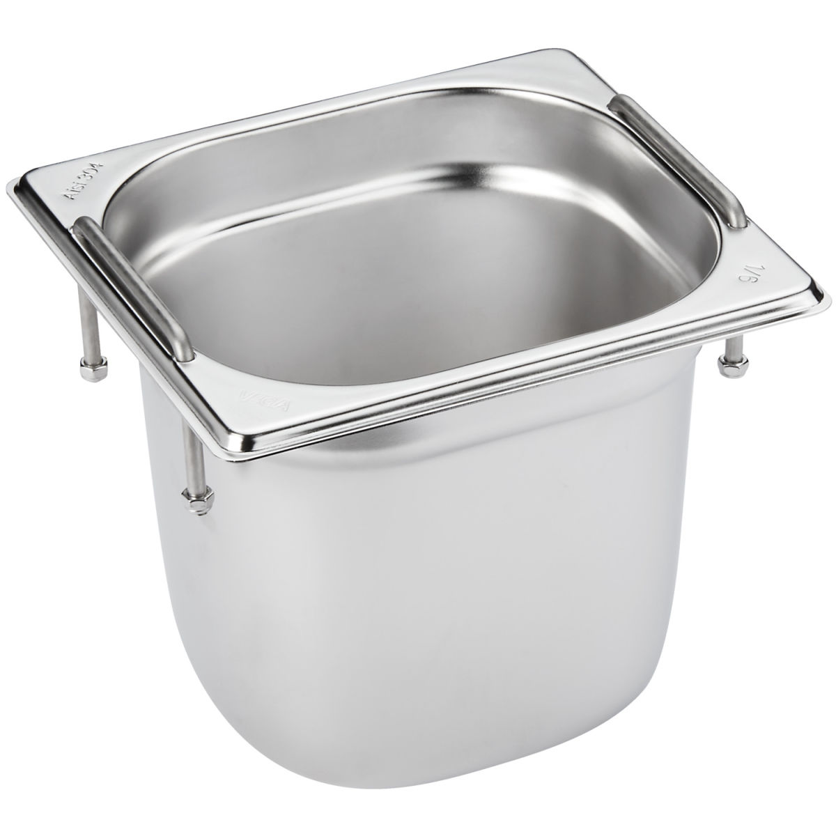 Cubeta GN Premium con asas 1/6 VEGA; Medida GN 1/6, 3200ml, 17.5x16x15 cm (LgxAnxProf); plateado