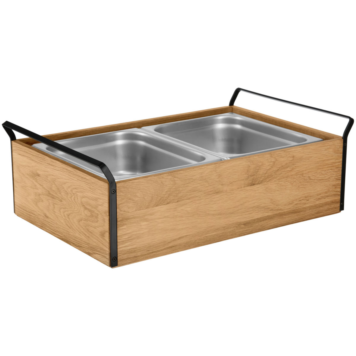 Vetrina refrigerata per buffet Esino alta 10 cm GN 2 x 1/2 VEGA; Misura GN 1/1, 61.9x38.6x20.9 cm (LxLxH); quercia/nero/acciaio inox; rettangolare