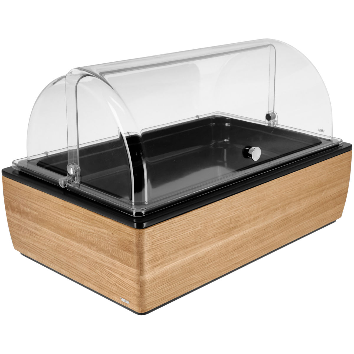 Vetrina salvafreschezza Montana quercia 6,5 cm melamina nera 1/1 VEGA; Misura GN 1/1, 57x36.5x27.4 cm (LxLxH); quercia/trasparente/bianco; rettangolare
