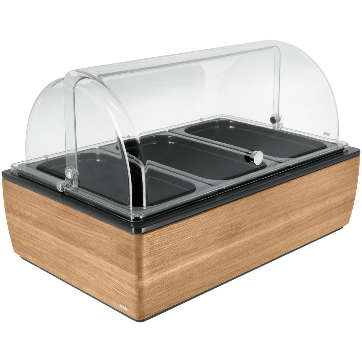 Vetrina salvafreschezza Montana quercia 10 cm melamina nera 3 x 1/3 VEGA; Misura GN 1/1, 55.4x35.2x29.9 cm (LxLxH); quercia/trasparente/bianco; rettangolare