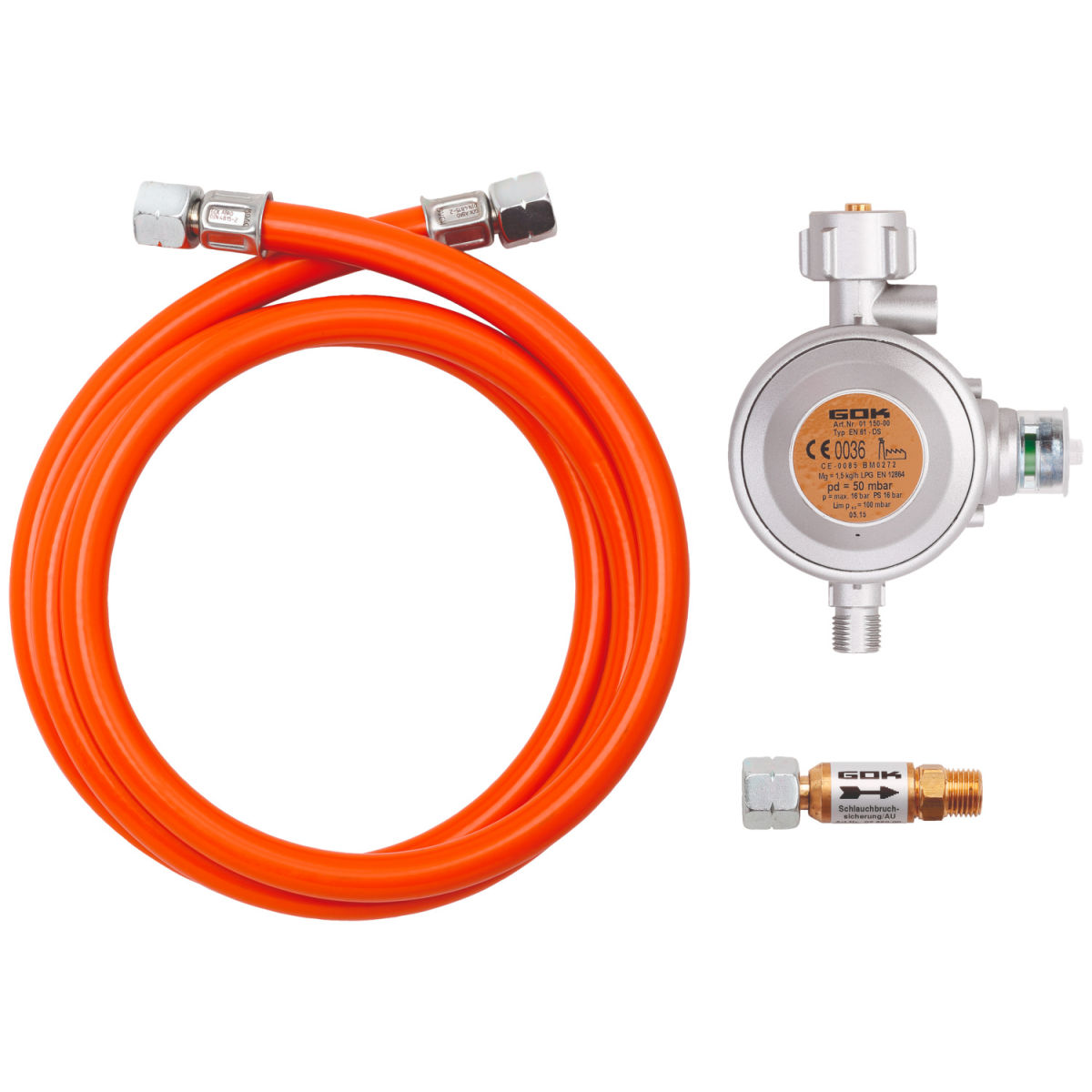 Set collegamento gas regolatore riduttore per funghi riscaldanti Bartscher; 6.4x3.5x18 cm (LxHxP); arancione/argento