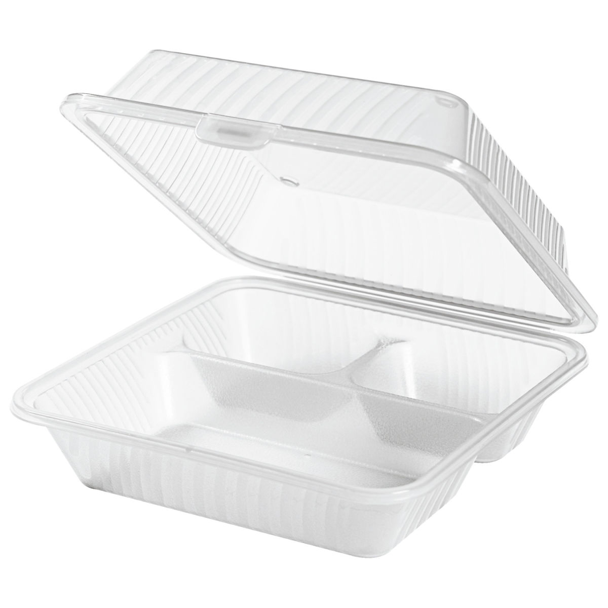 Envase para comida multiuso Eco-Takeout Tres divisiones, tapadera alta Contacto; 23x23x9 cm (LgxAnxAt); transparente; cuadrada; 12 pz. / Paquete