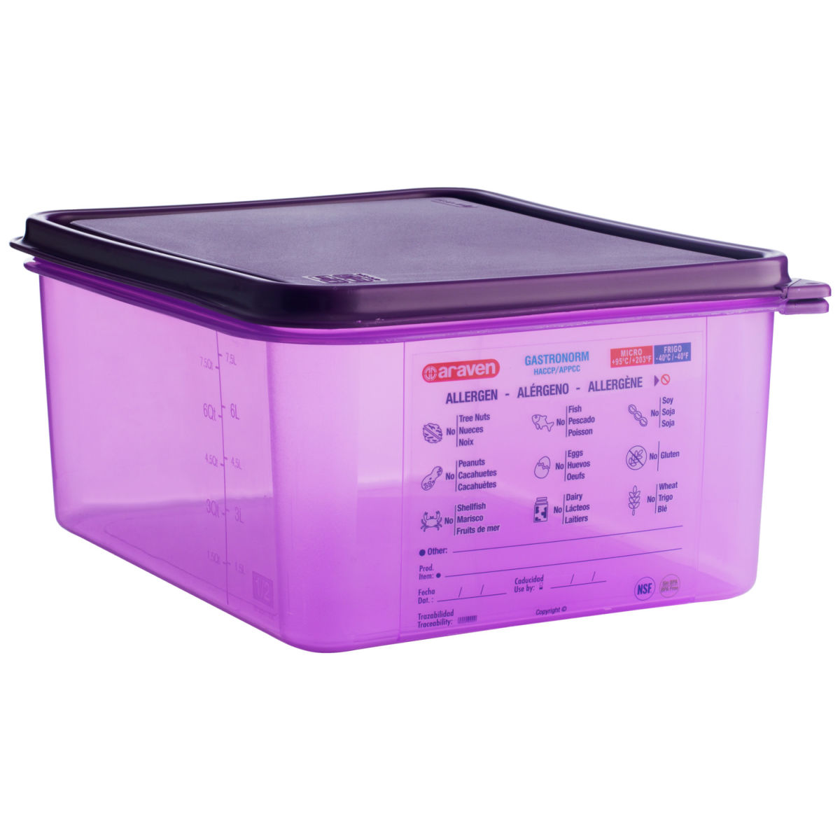 Contenitori GN per alimenti senza allergeni Araven; Misura GN 1/2, 10000ml, 32.5x26.5x15 cm (LxLxP); violetto
