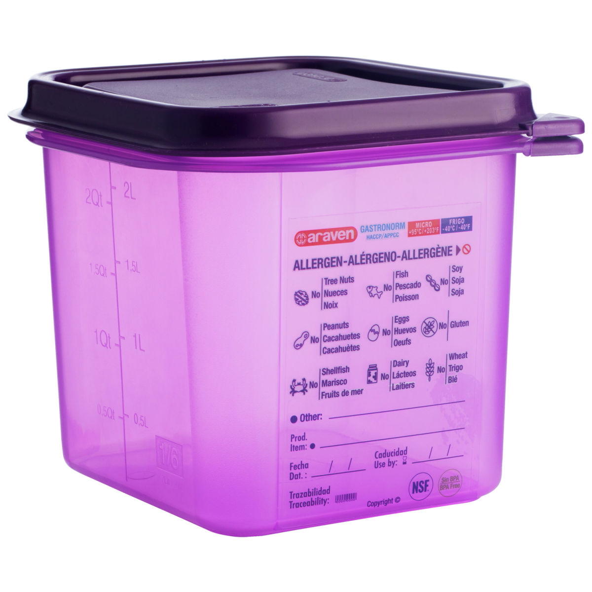 Contenitori GN per alimenti senza allergeni Araven; Misura GN 1/6, 2600ml, 17.6x16.2x15 cm (LxLxP); violetto