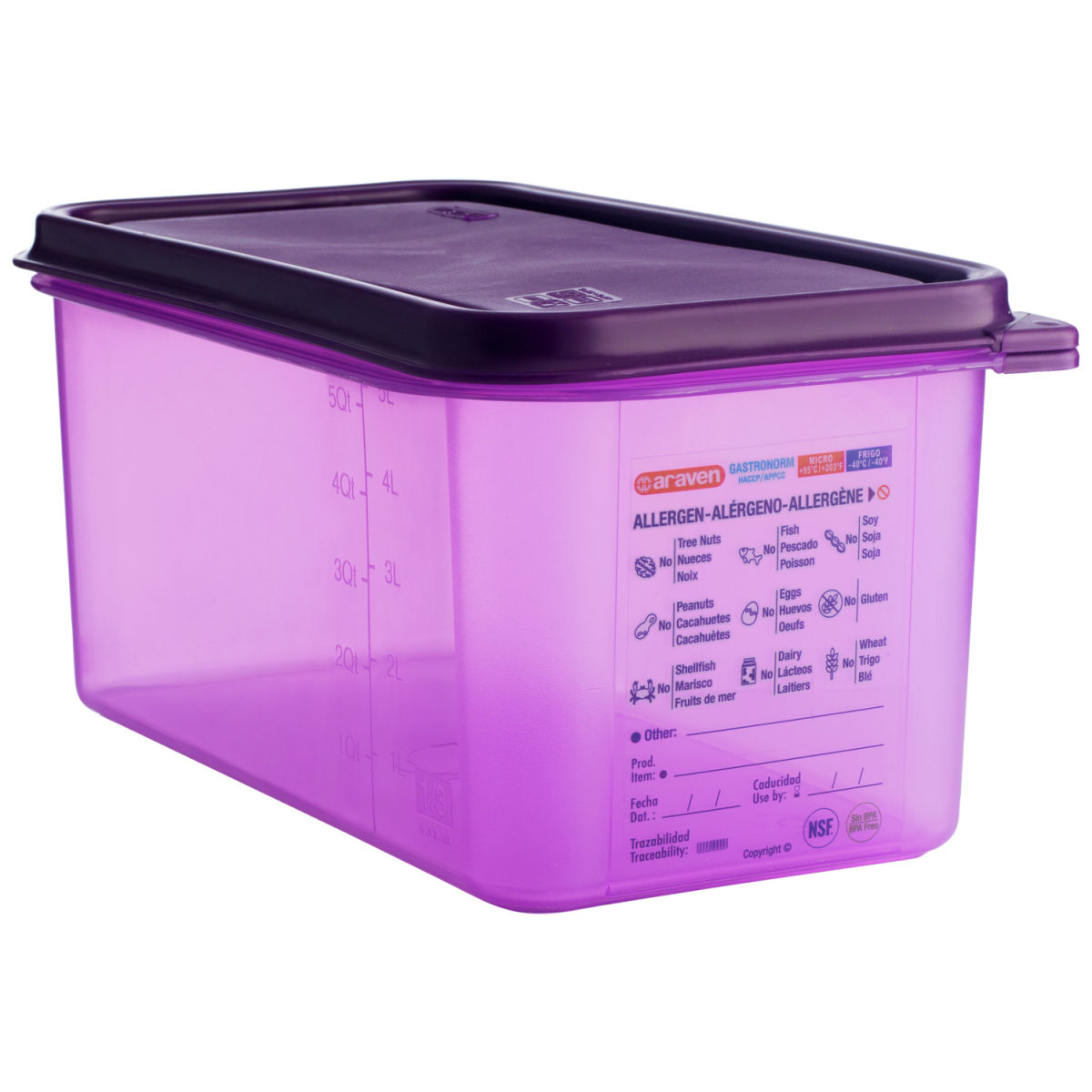 Contenitori GN per alimenti senza allergeni Araven; Misura GN 1/3, 6000ml, 32.5x17.6x15 cm (LxLxP); violetto