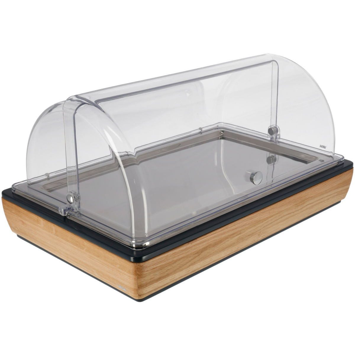Vitrina refrigeradora Montana roble acero inoxidable 1/1 VEGA; Medida GN 1/1, 57x36.5x27.4 cm (LgxAnxAt); roble/transparente/acero inoxidable; rectangular