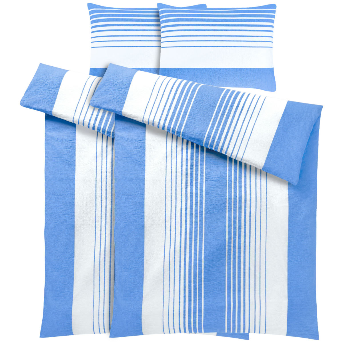 Set copripiumino e federa Memphis Seersucker PULSIVA; 135x200 cm (LxL), 80x80 cm (LxL); blu/bianco; 2 set / Pacco