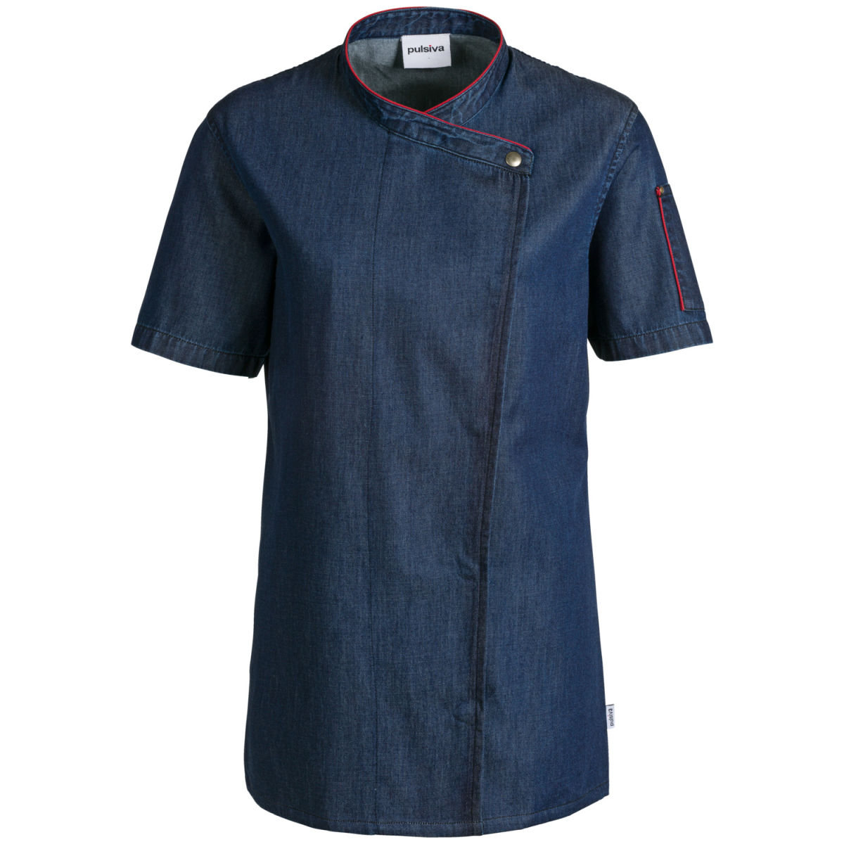 Giacca da cuoca Celia maniche corte PULSIVA; Taglia 56; denim, bordino rosso