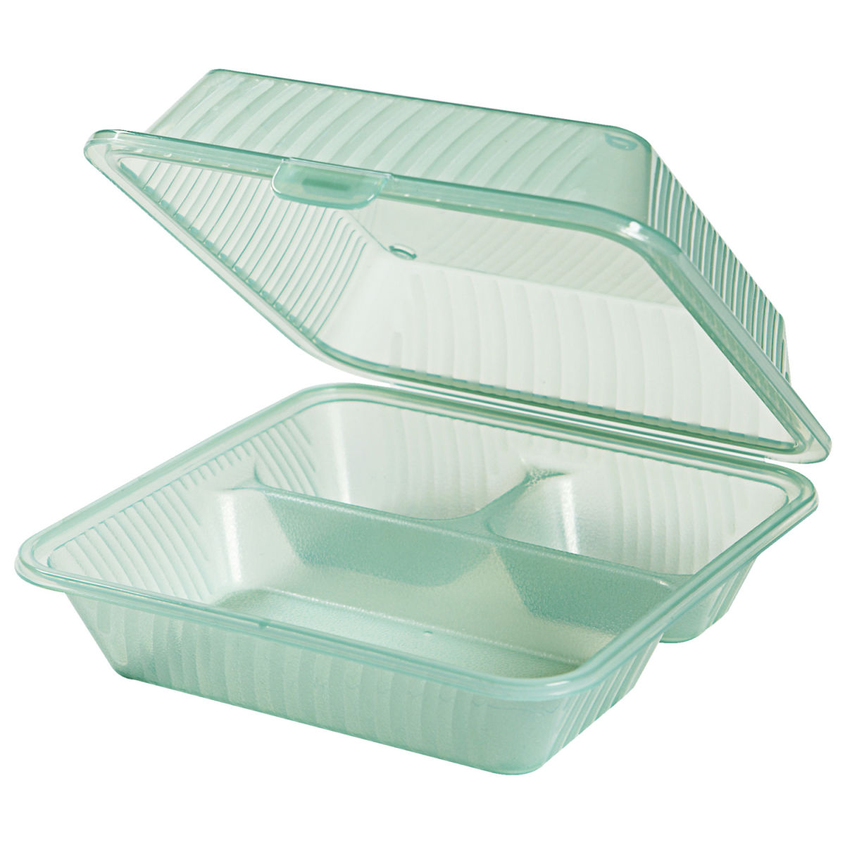 Envase para comida multiuso Eco-Takeout Tres divisiones, tapadera alta Contacto; 23x23x9 cm (LgxAnxAt); verde; cuadrada; 12 pz. / Paquete