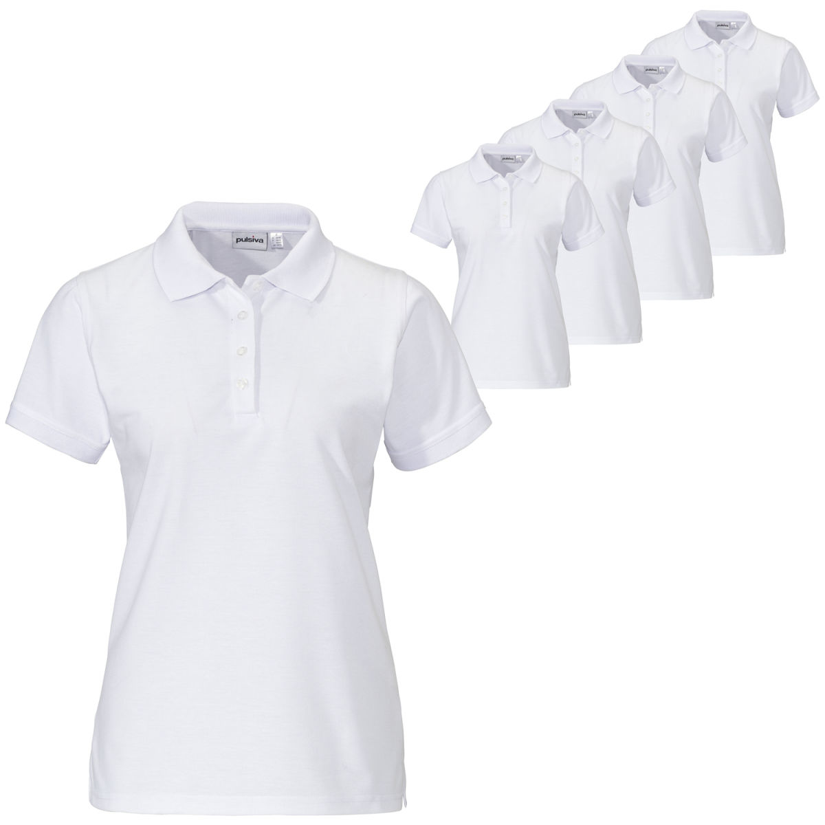 Polo da donna in confezione risparmio Sunny maniche corte PULSIVA; Taglia L; bianco; 5 pz. / Pacco