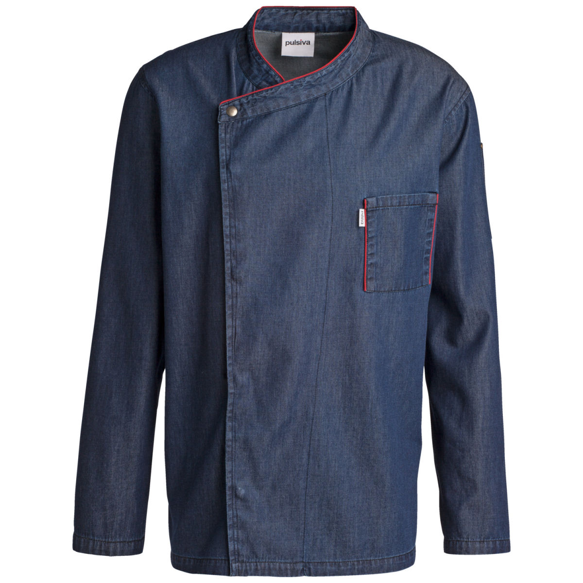 Giacca da cuoco Jason maniche lunghe PULSIVA; Taglia 58; denim, bordino rosso