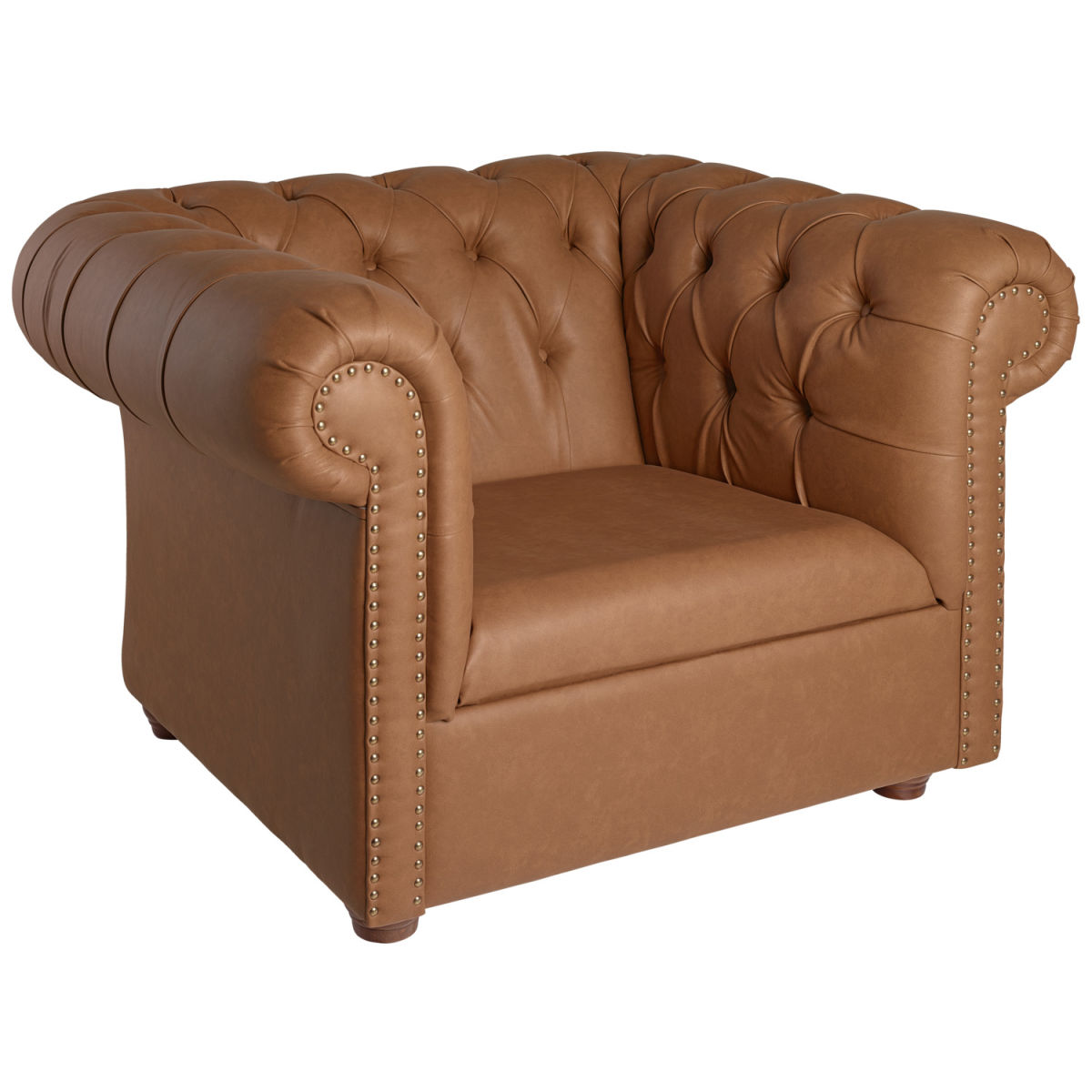 Poltrona Chesterfield pelle artificiale VEGA; 114x97x72.5 cm (LxPxH); seduta cognac, struttura marrone