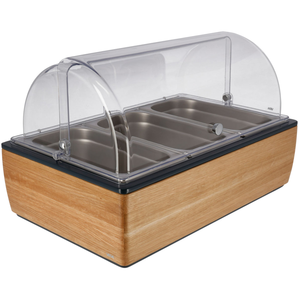 Vetrina salvafreschezza Montana quercia 10 cm acciaio 3 x 1/3 VEGA; Misura GN 1/1, 55.4x35.2x29.9 cm (LxLxH); quercia/trasparente/acciaio inox; rettangolare