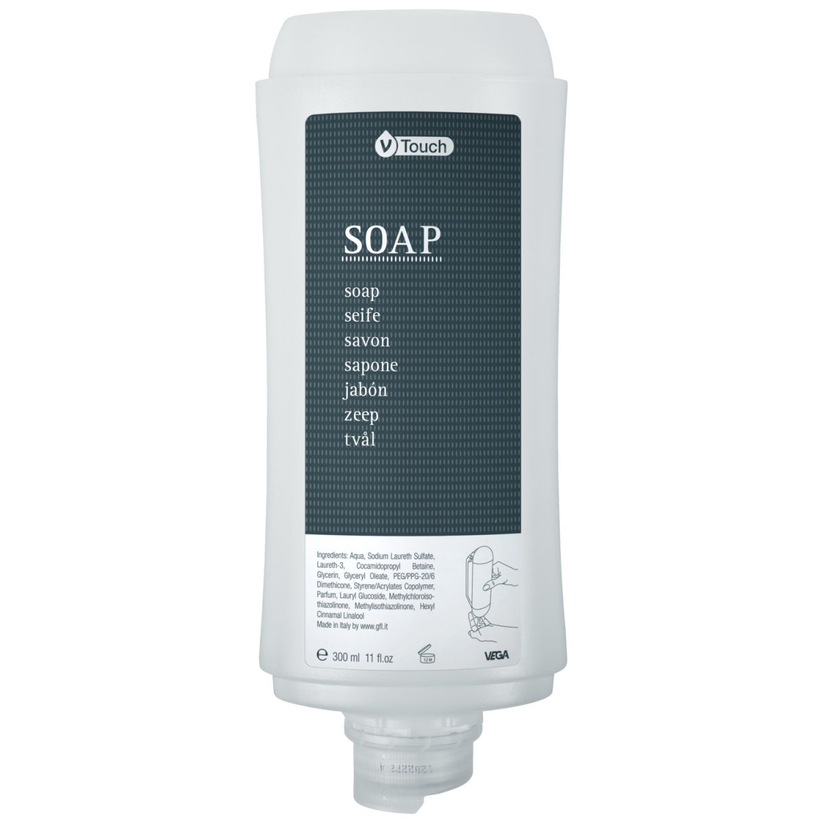 Sapone liquido V-Touch Silver plastica riciclata VEGA; antracite/grigio; 24 pz. / confezione