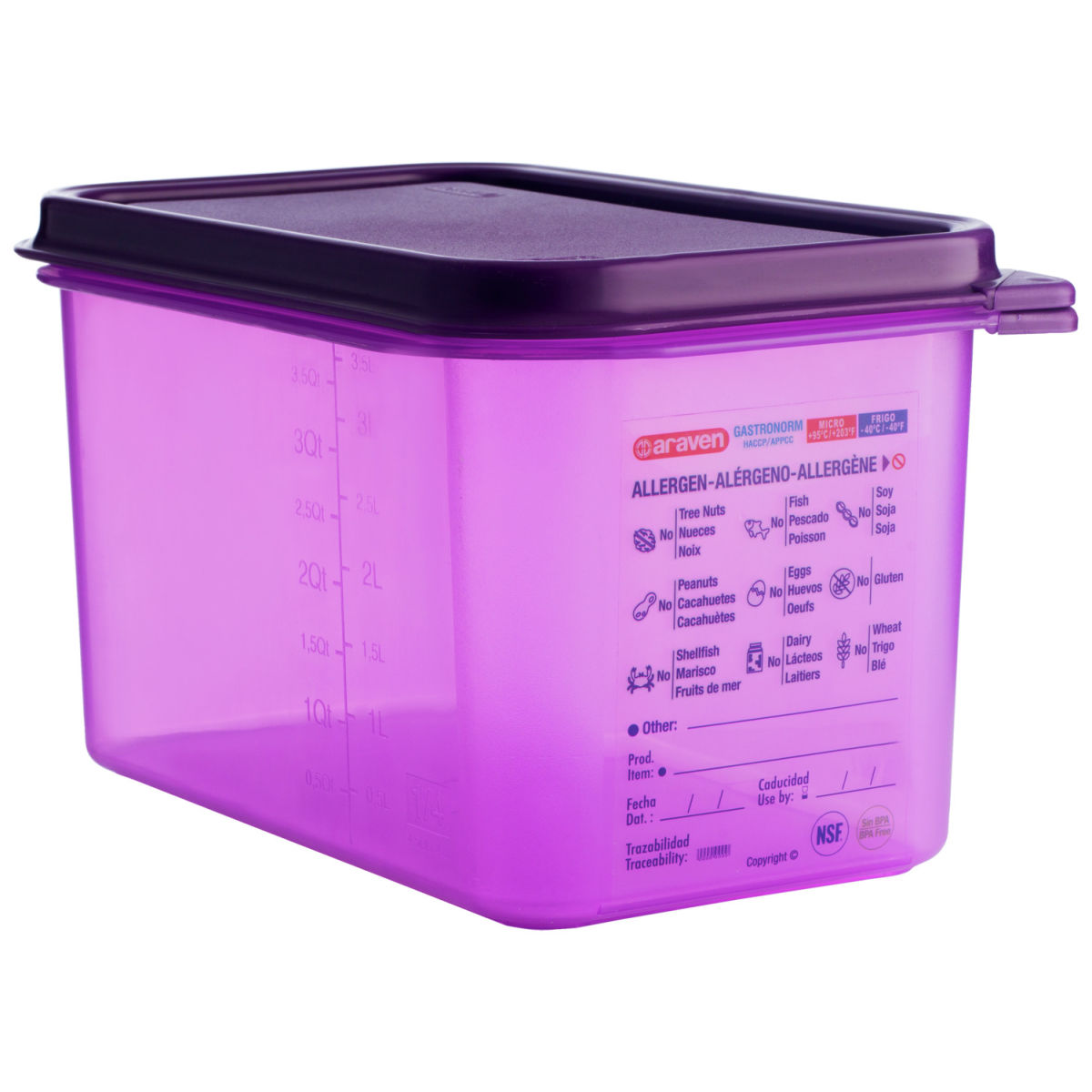 Contenitori GN per alimenti senza allergeni Araven; Misura GN 1/4, 4300ml, 26.5x16.2x15 cm (LxLxP); violetto