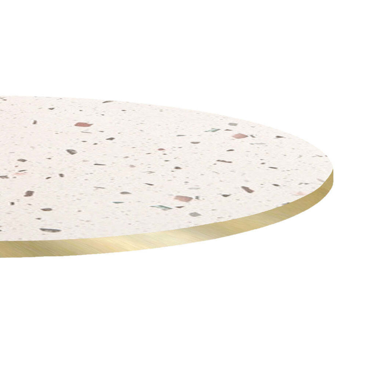 Piano tavolo rotondo, decoro Terrazzo, bordi color ottone RestooTab; 120x120 cm (LxL); bianco/terazzo/ottone; rotonda