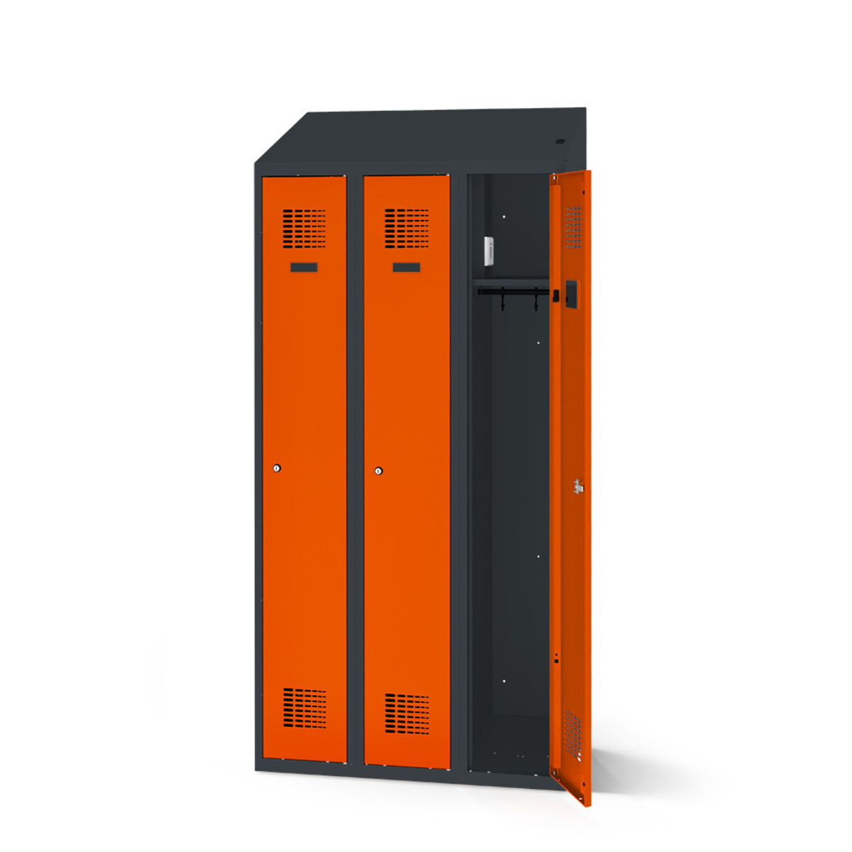 rotstahl Kleiderspind mit Ladefunktion 3 Türen mit anthrazitgrauem Korpus 120x200 cm (BxH); orange