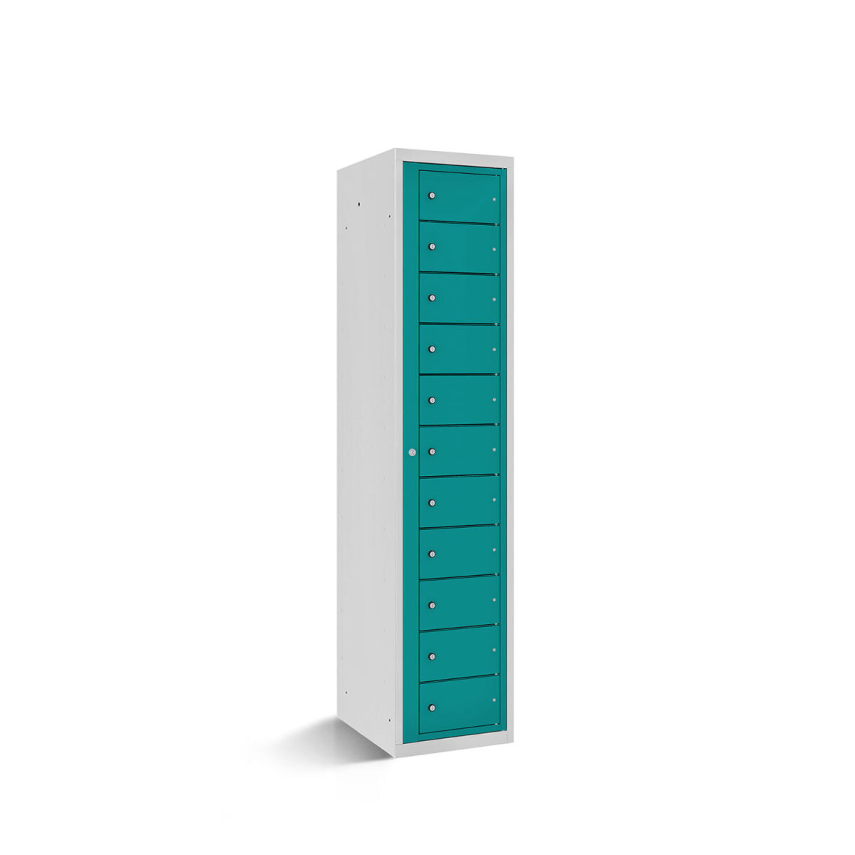 rotstahl Fächerschrank mit Zentraltür 11 Fächer mit lichtgrauem Korpus 40x50x180 cm (BxTxH); türkis