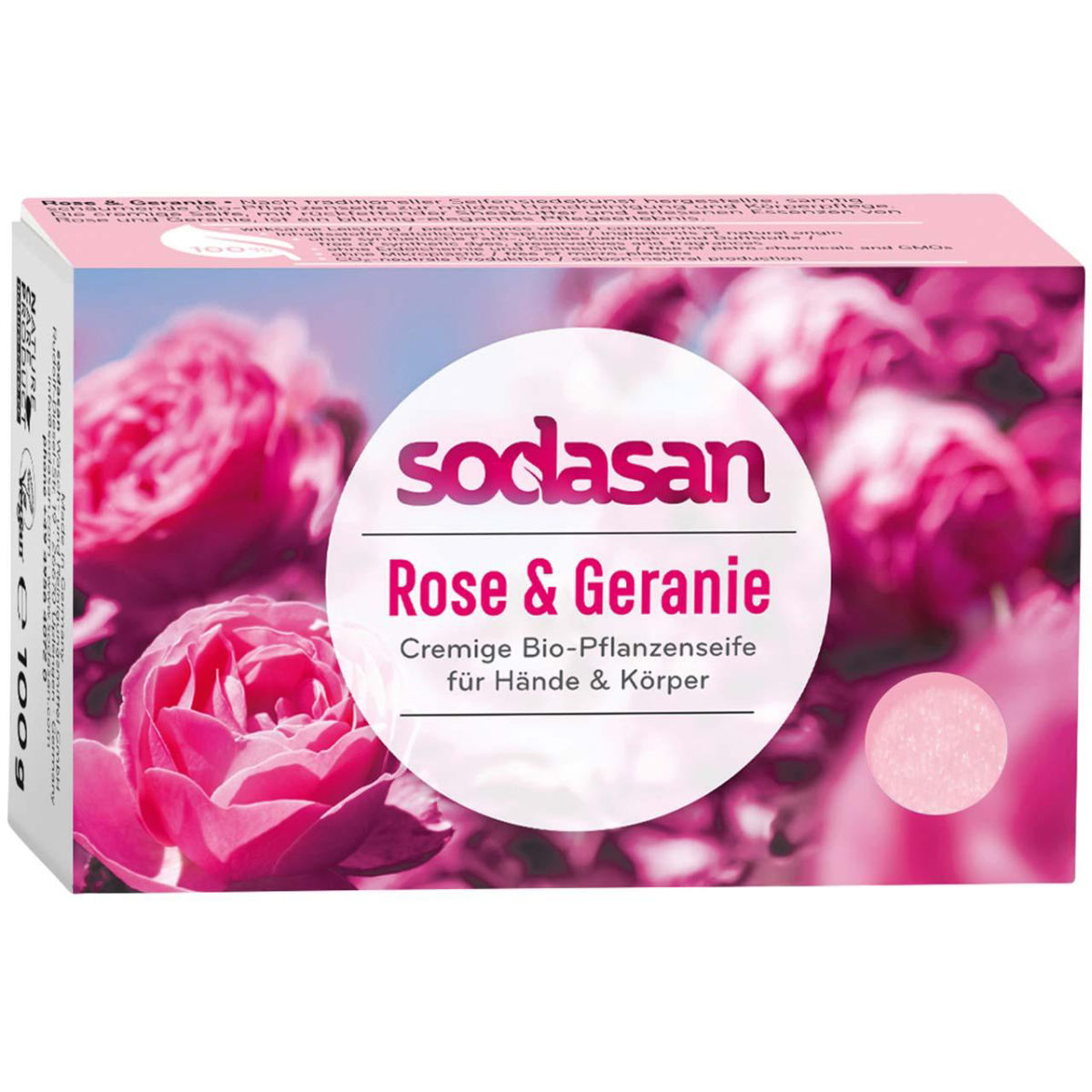 Sodasan Pflanzenölseife 'Cream' Rose & Geranie, 100 g; rosa