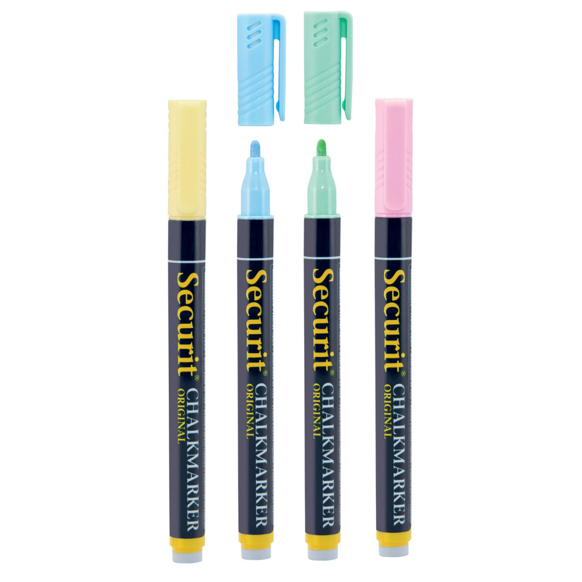 Set di 4 pennarelli a gesso liquido - Giallo, Blu, Lilla, Verde - Punta a proiettile 1-2mm Securit; 1.5 cm (L), lunghezza carattere 15 mm; multicolore