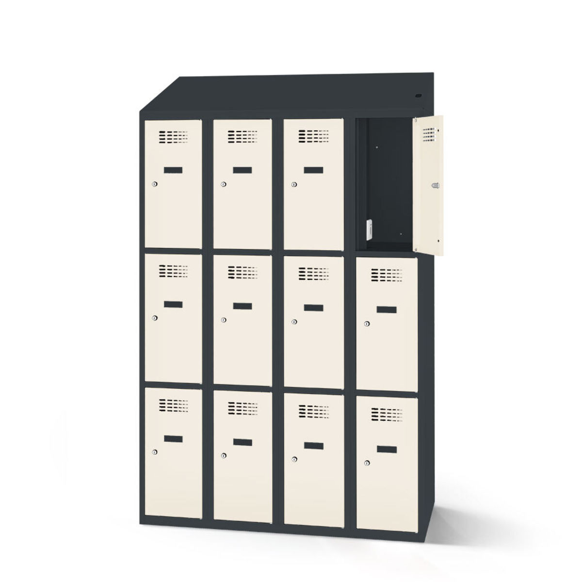 rotstahl Fächerschrank mit Ladefunktion 12 Fächer 4x3 mit anthrazitgrauem Korpus 120x200 cm (BxH); weiß