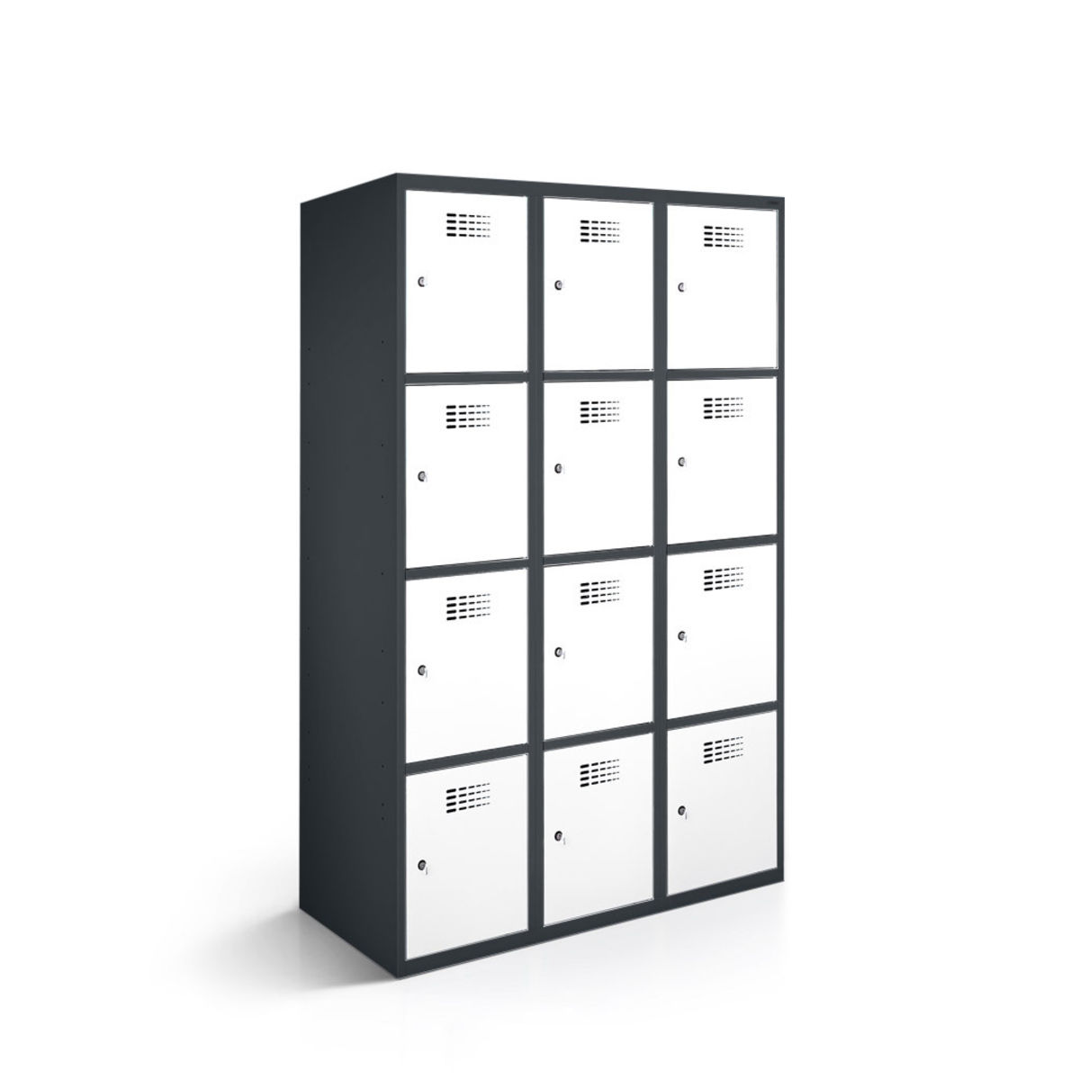 rotstahl Fächerschrank 12 Fächer 3x4 mit anthrazitgrauem Korpus 120x50x180 cm (BxTxH); weiß