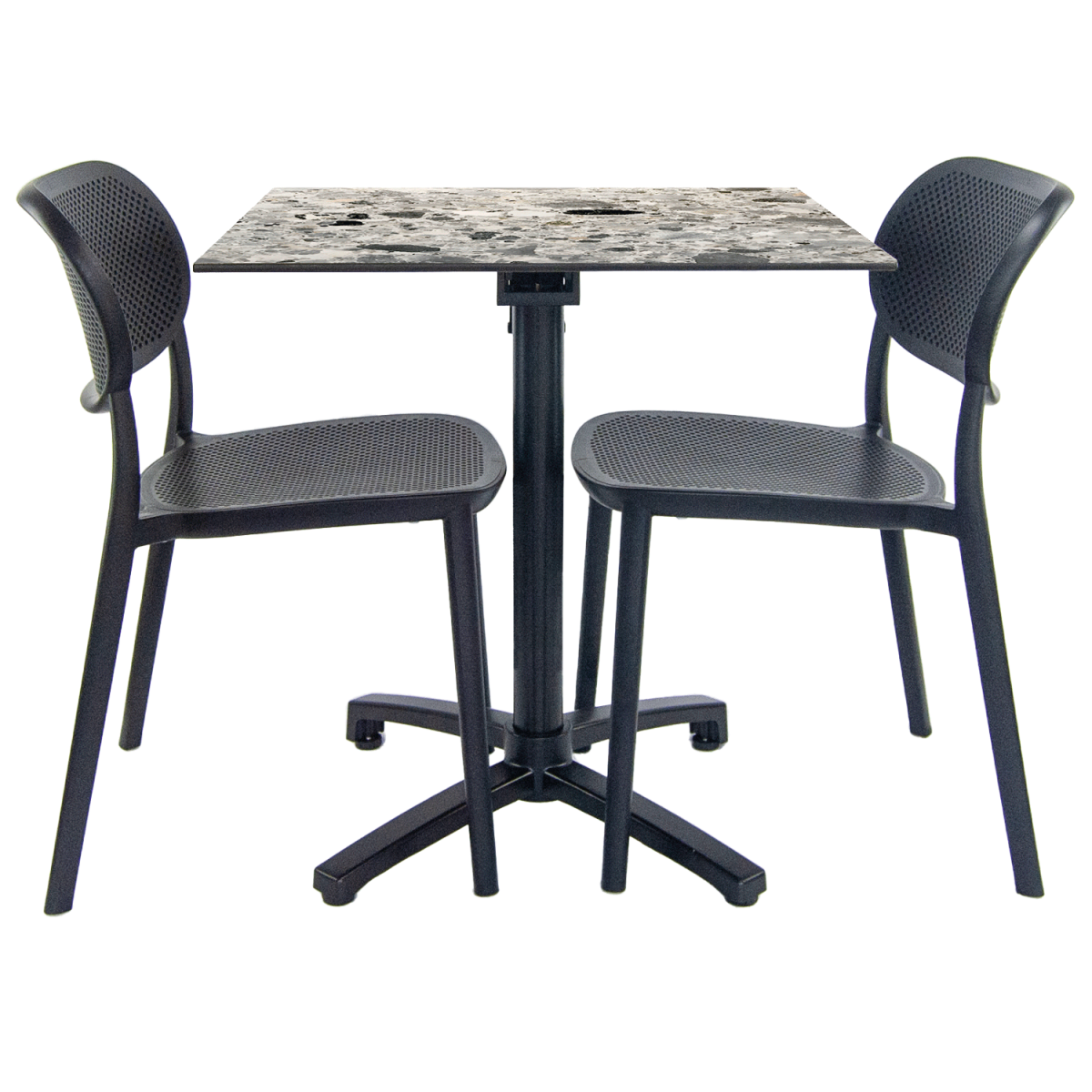 RestooTab Terrassenset Klapptisch Diabolo - 2 Stühle 70x70x73 cm (LxBxH); Platte grau/terrazzo, Gestell schwarz; quadratisch