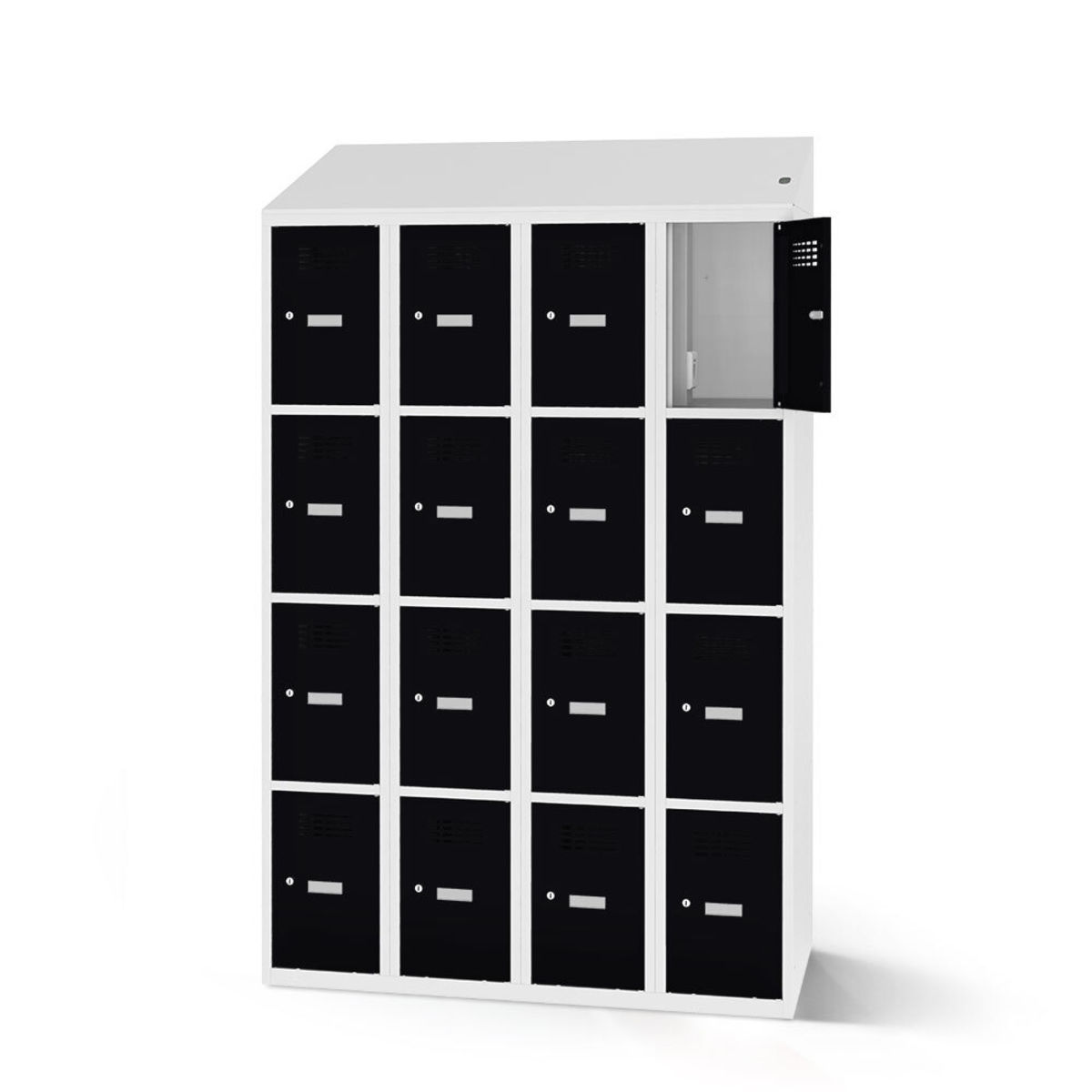 rotstahl Fächerschrank mit Ladefunktion 16 Fächer mit lichtgrauem Korpus 120x200 cm (BxH); schwarz