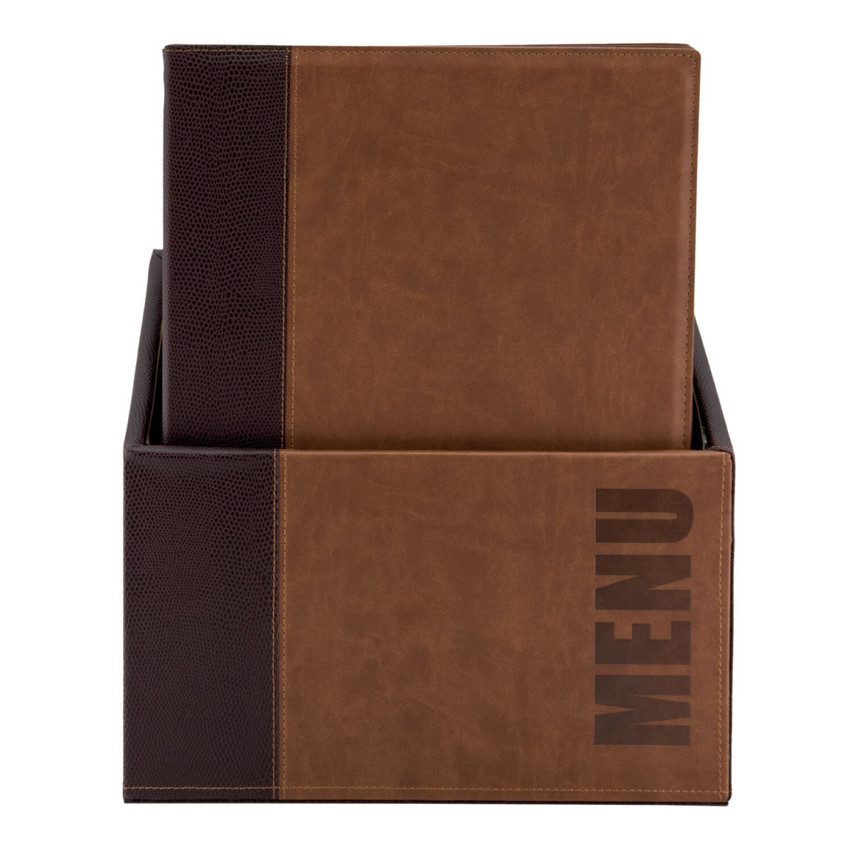 Box con 20 porta-menù A4 Trendy in similpelle – 4 viste Securit; 28x35 cm (LxH); marrone