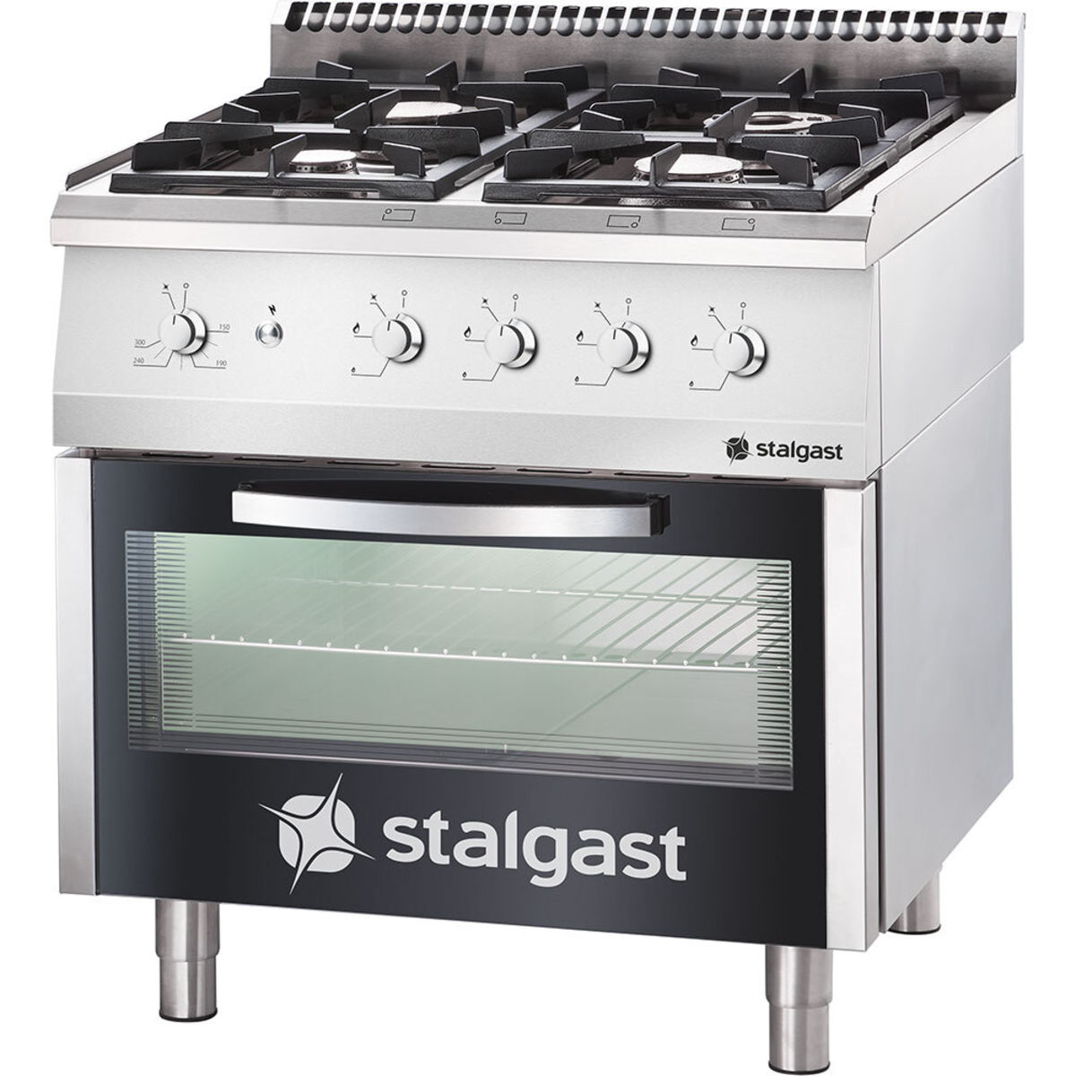 Gasherd 4 Brenner mit Gasbackofen (GN 2/1) Serie 700 ND - G20, 4-Brenner (2x5+2x7) 80x70x85 cm (BxTxH); silber