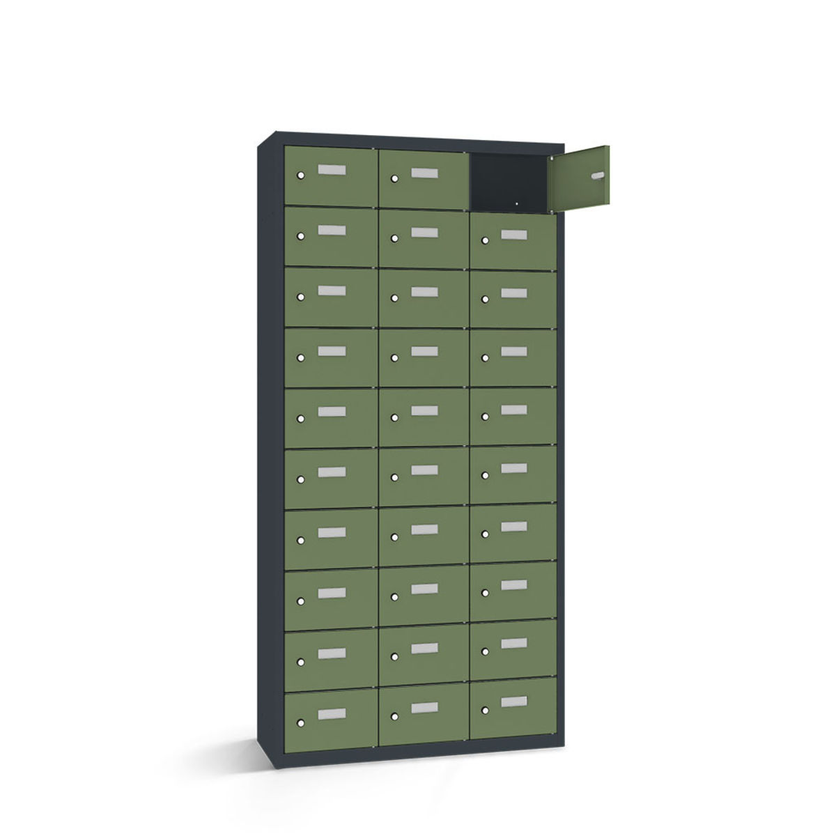 rotstahl Wertfachschrank 30 Fächer mit anthrazitgrauem Korpus 117.5x30x180 cm (BxTxH); hellgrün