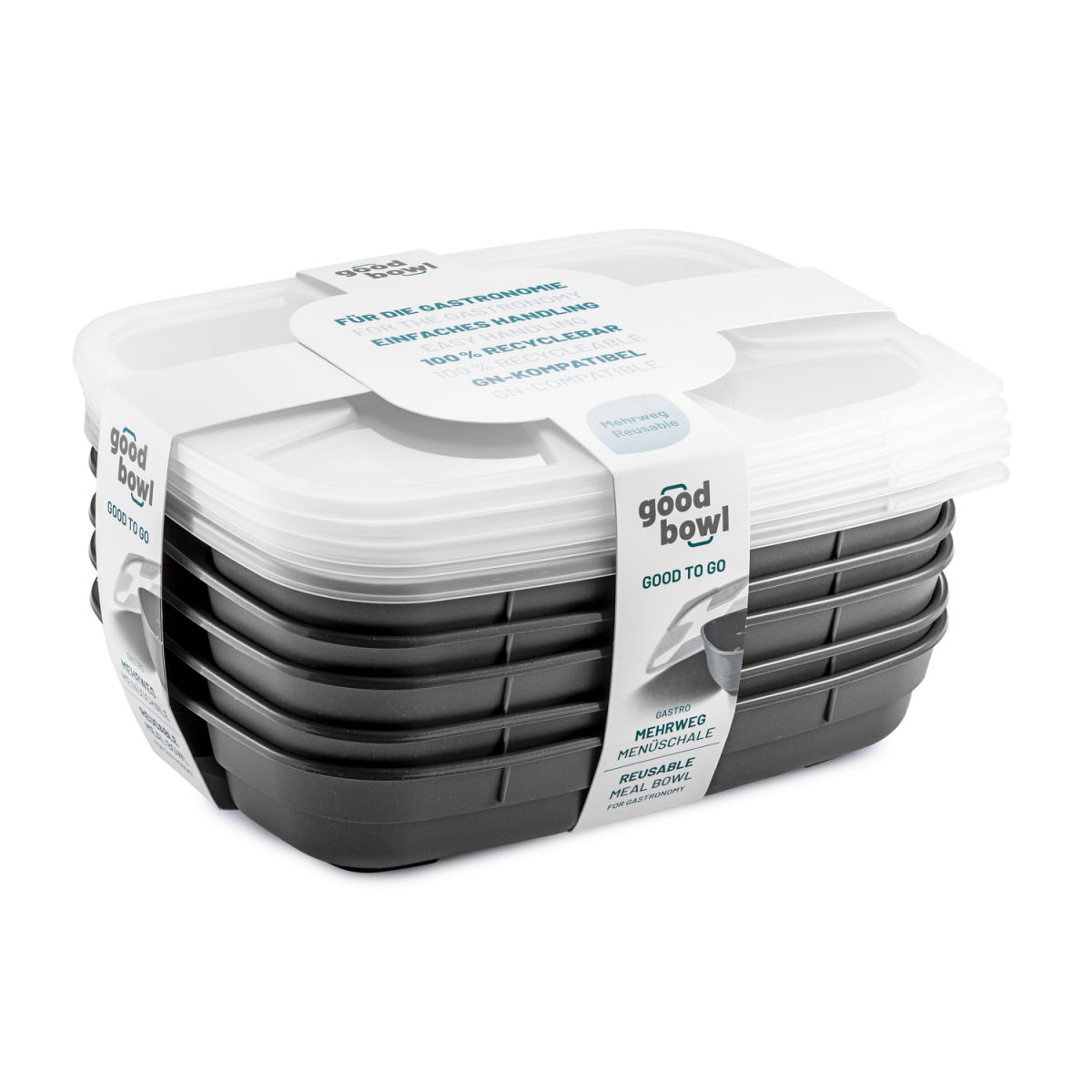thermohauser Mehrweg-Menübehälter GoodBowl Trio 1020 ml, 24.7x18.5x5.05x5 cm (LxBxØxH); anthrazit; rechteckig; 5 Stück / Pack