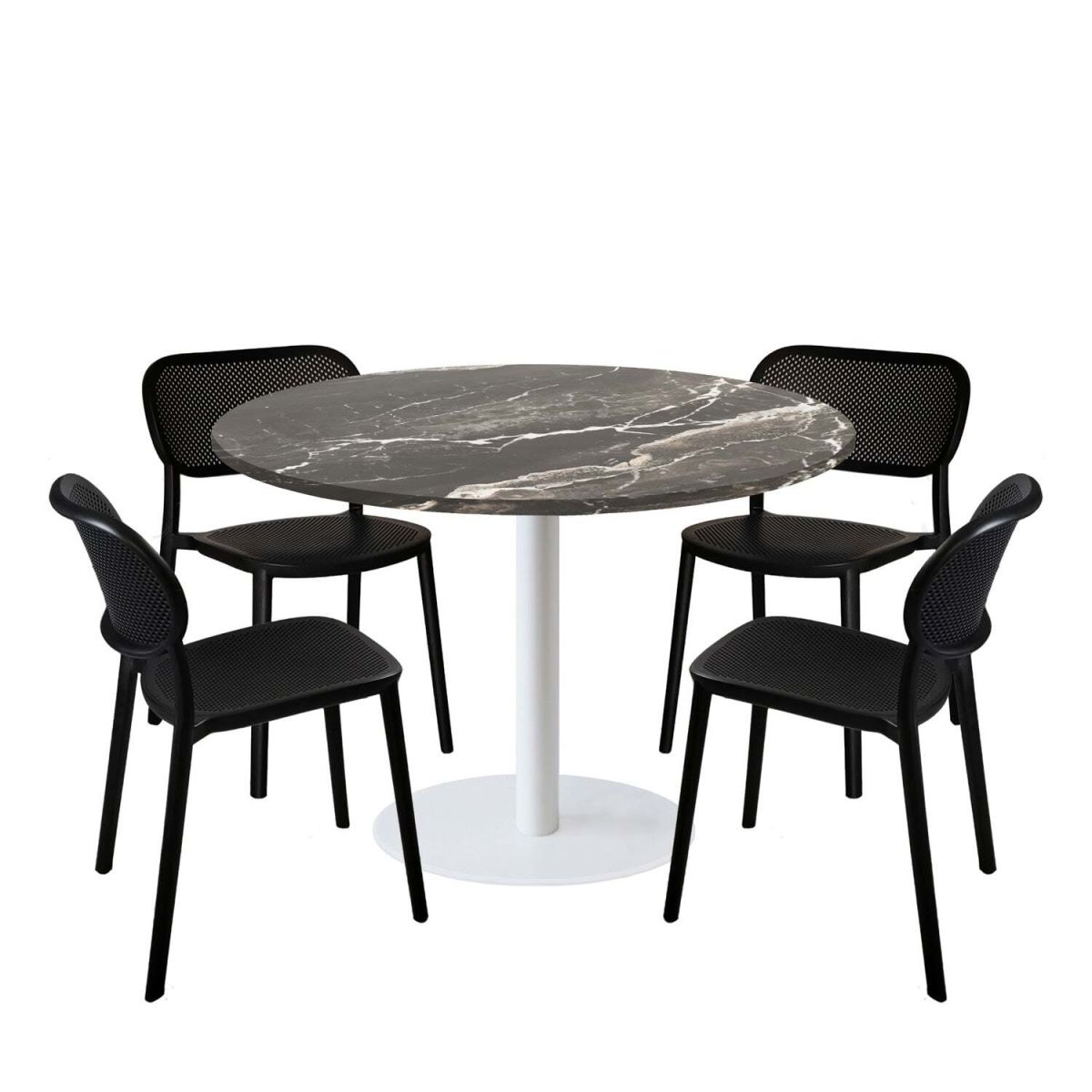 RestooTab Esstisch-Set Rome XL Gestell weiß mit 4 Stühlen - Dekor Stein 120x120x75x120 cm (LxBxHxØ); schwarz/braun/marmoriert; Gestell schwarz; rund