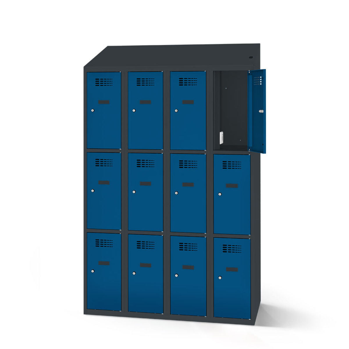 rotstahl Fächerschrank mit Ladefunktion 12 Fächer 4x3 mit anthrazitgrauem Korpus 120x200 cm (BxH); dunkelblau